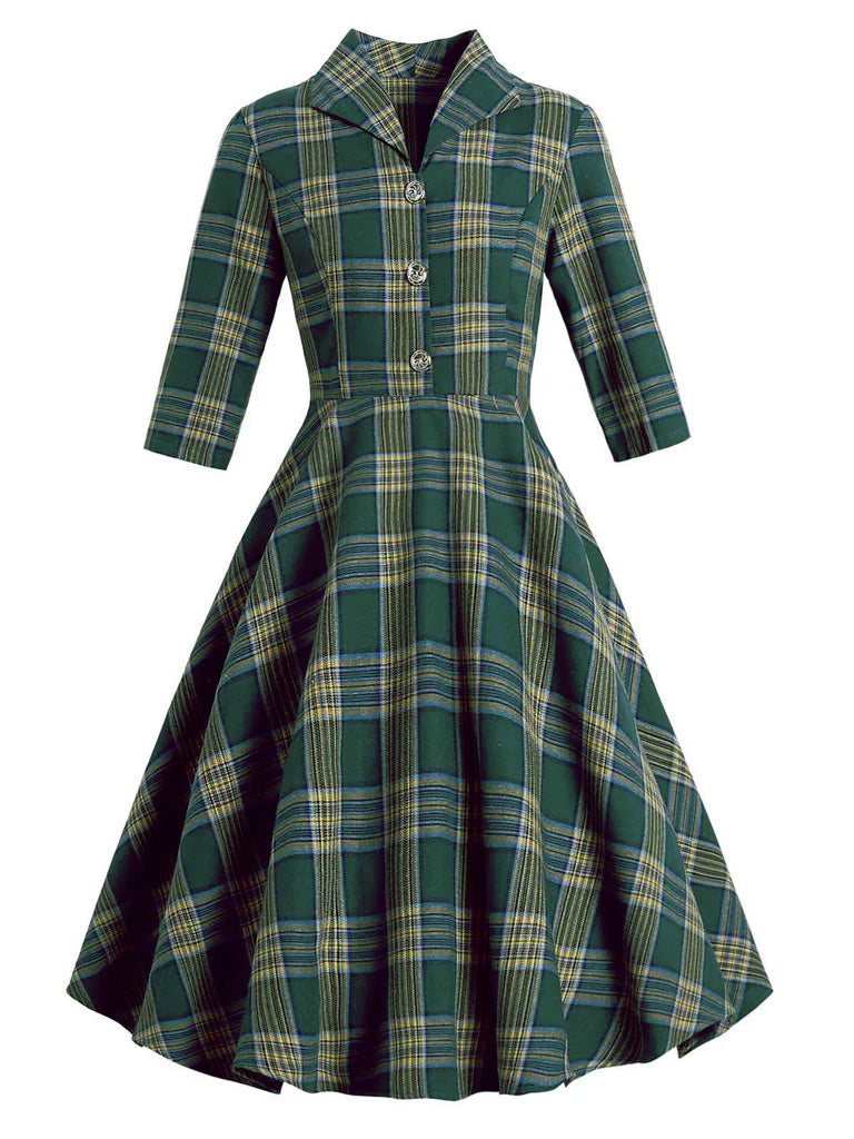 1950s Plaid Button Swing Dress, classic 1950s style elegant retro fashion - Image 1