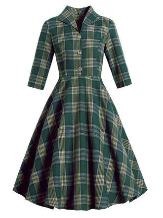 1950s Plaid Button Swing Dress, classic 1950s style elegant retro fashion - Image 1