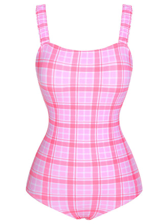 1950s Plaid Elastic Gathers One-Piece Swimsuit, vintage swimsuit, pin-up swimwear - perfect for women who love vintage and retro fashion