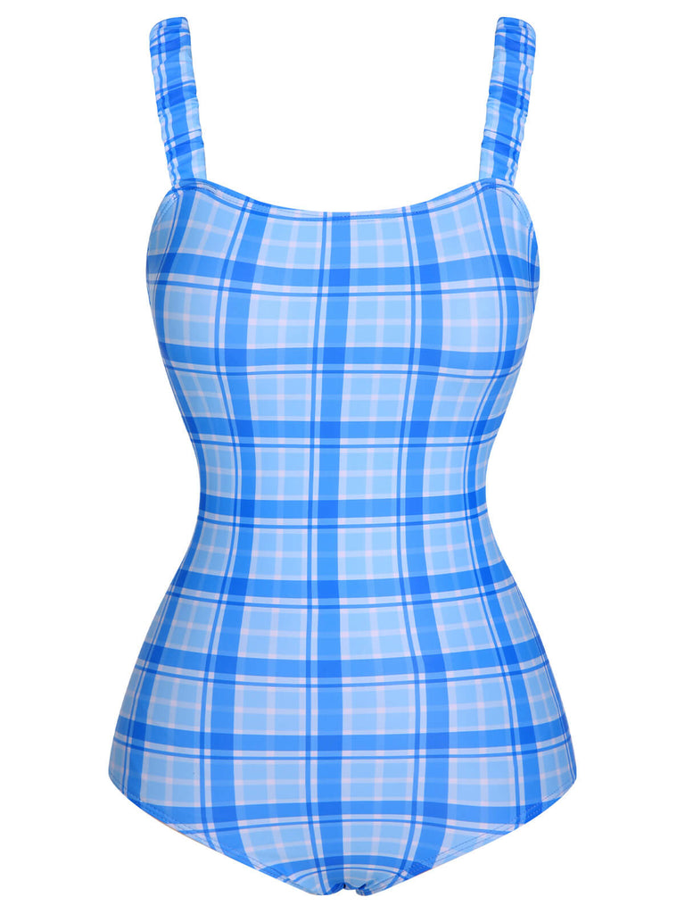 1950s Plaid Elastic Gathers One-Piece Swimsuit, vintage swimsuit, pin-up swimwear - perfect for women who love vintage and retro fashion