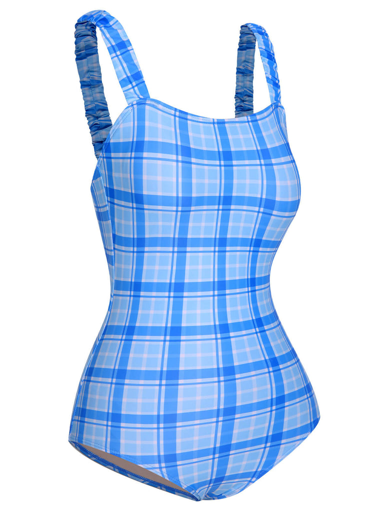 1950s Plaid Elastic Gathers One-Piece Swimsuit, vintage swimsuit, pin-up swimwear - perfect for women who love vintage and retro fashion