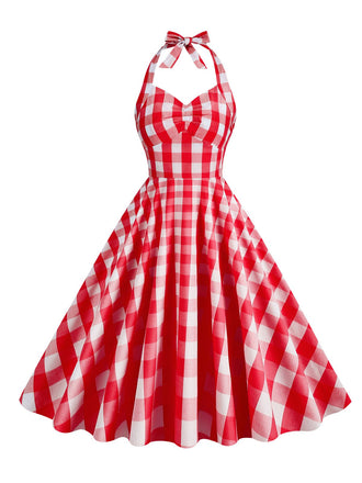 She slips into this 1950s Plaid Halter Swing Dress and suddenly it's a 1950s daydream