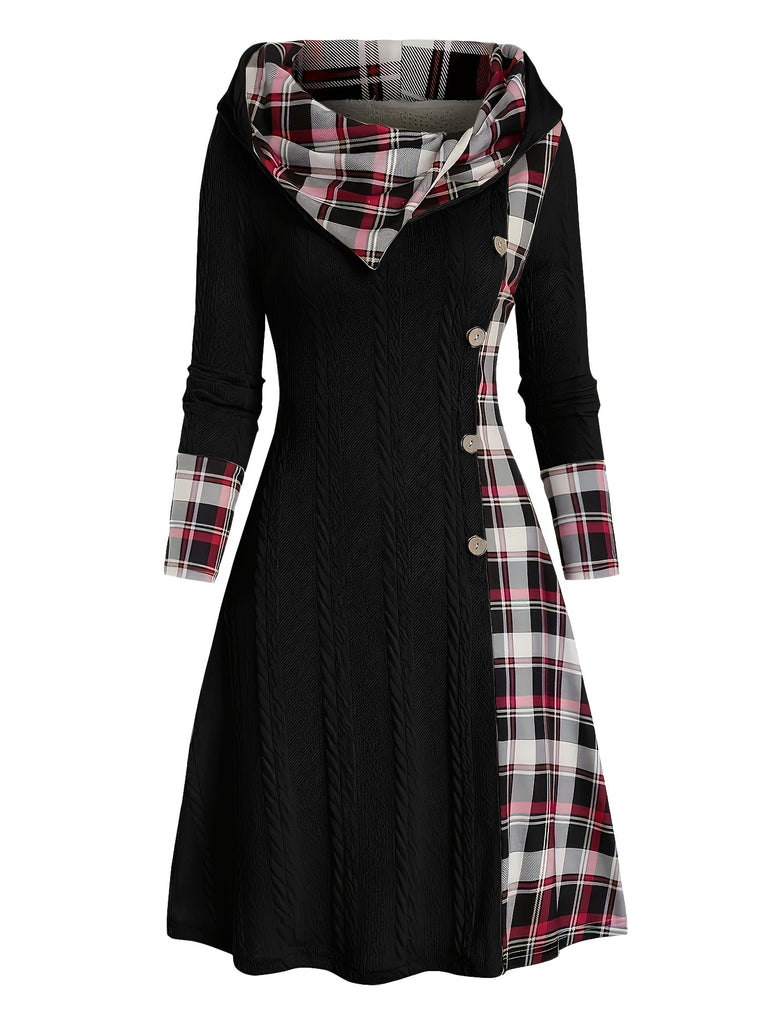 1950s Plaid Knit Hooded Dress — a 1950s silhouette that turns sidewalks into runways