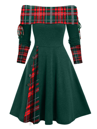 1950s Plaid Patchwork Lace-Up Off-Shoulder Dress: timeless style reimagined