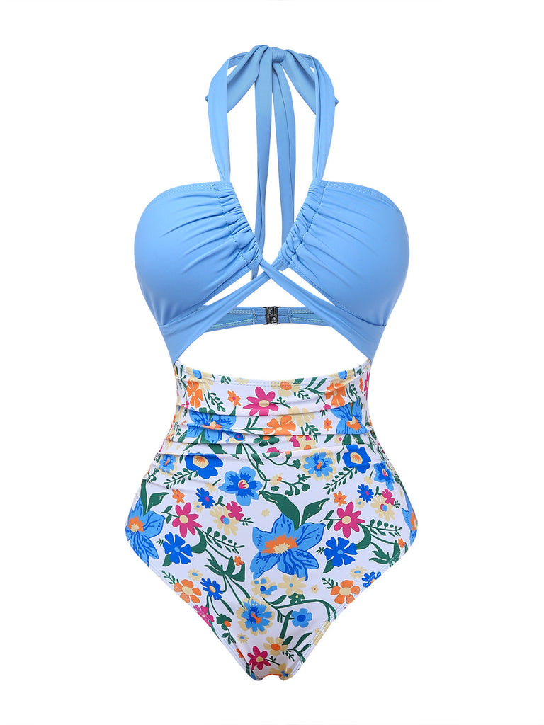 1950s Plunge V-Neck Halter Cutout One-Piece Swimsuit, vintage swimsuit, pin-up swimwear - perfect for women who love vintage and retro fashion
