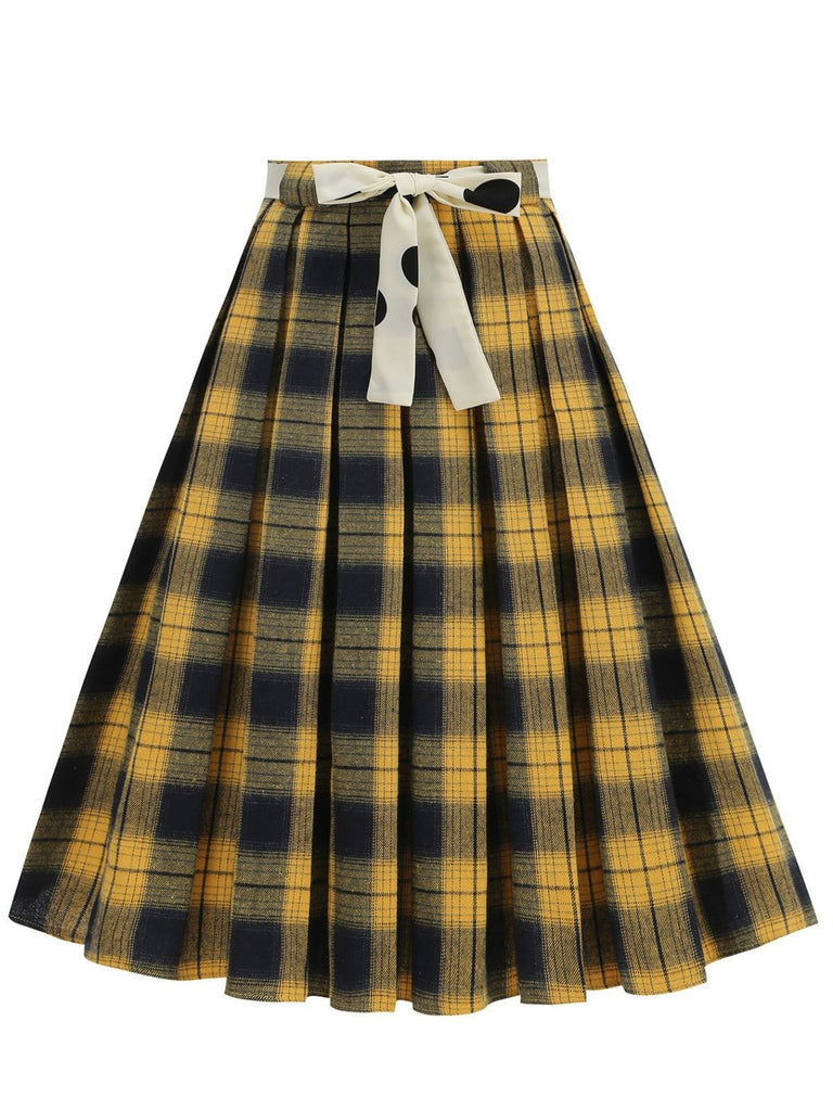 1950s Polka Dot Belt Plaid Pleated Skirt - vintage skirt, retro style