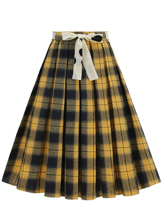 1950s Polka Dot Belt Plaid Pleated Skirt - vintage skirt, retro style
