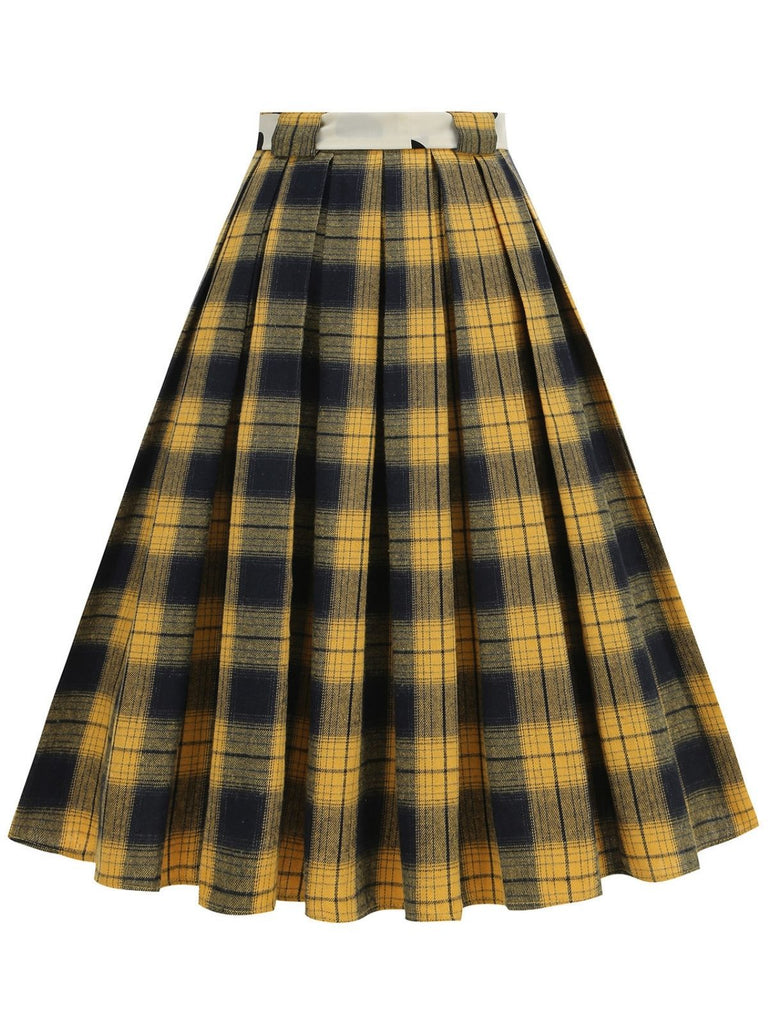 1950s Polka Dot Belt Plaid Pleated Skirt - vintage skirt, retro style