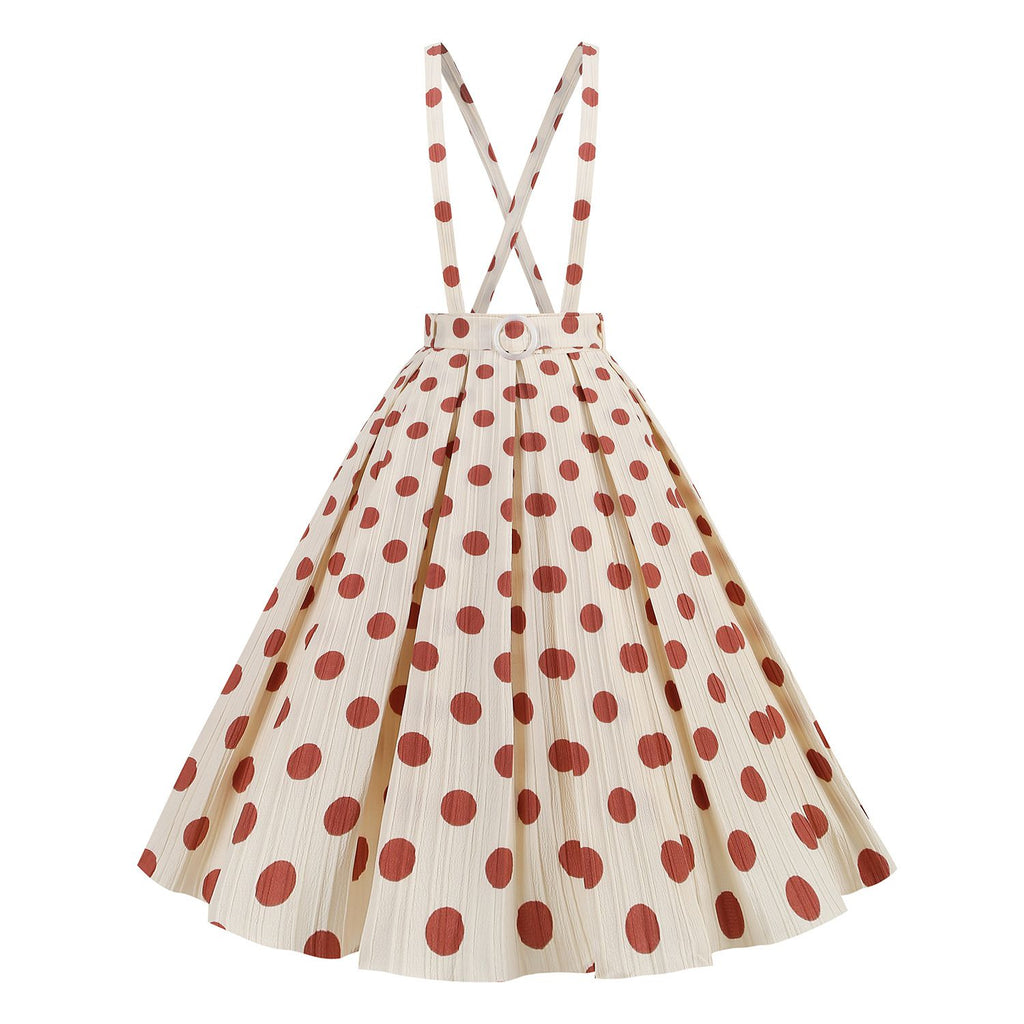 This 1950s Polka Dot Belt Suspender Swing Skirt spins 1950s stories with every step