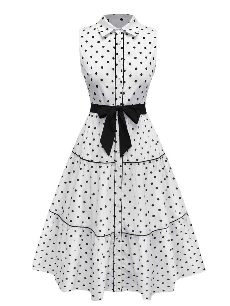 1950s Polka Dot Belted Sleeveless Shirt Dress - vintage dress, retro fashion, rockabilly