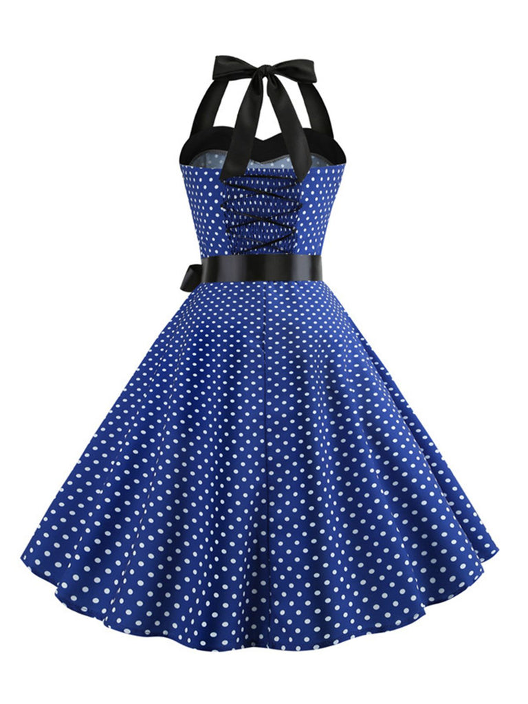 1950s Polka Dot Bow Tie Halter Swing Dress — a 1950s silhouette that turns sidewalks into runways