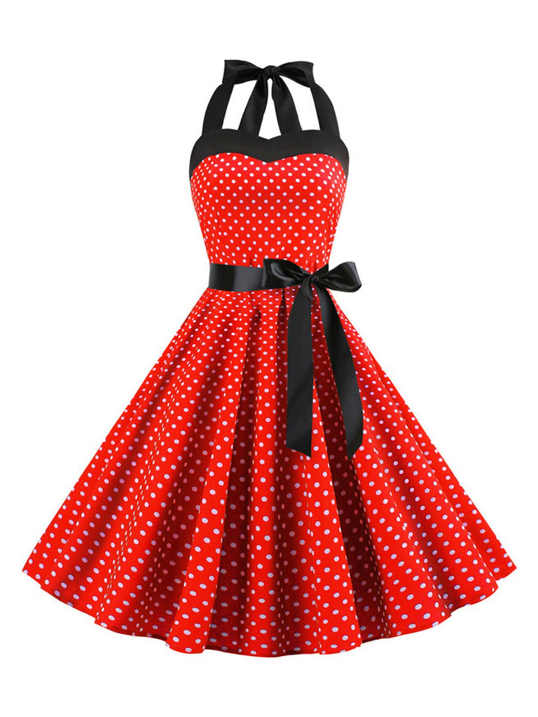 1950s Polka Dot Bow Tie Halter Swing Dress — the kind of 1950s dress that makes strangers smile