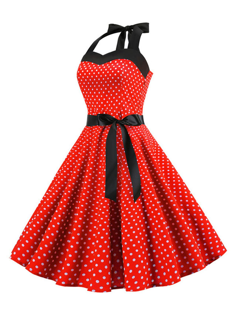 1950s Polka Dot Bow Tie Halter Swing Dress — a 1950s silhouette that turns sidewalks into runways