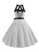 1950s Polka Dot Bow Tie Halter Swing Dress — the kind of 1950s dress that makes strangers smile