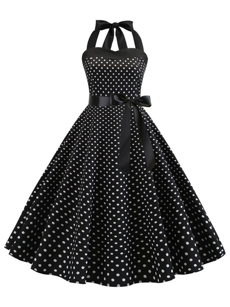 1950s Polka Dot Bow Tie Halter Swing Dress — a 1950s silhouette that turns sidewalks into runways