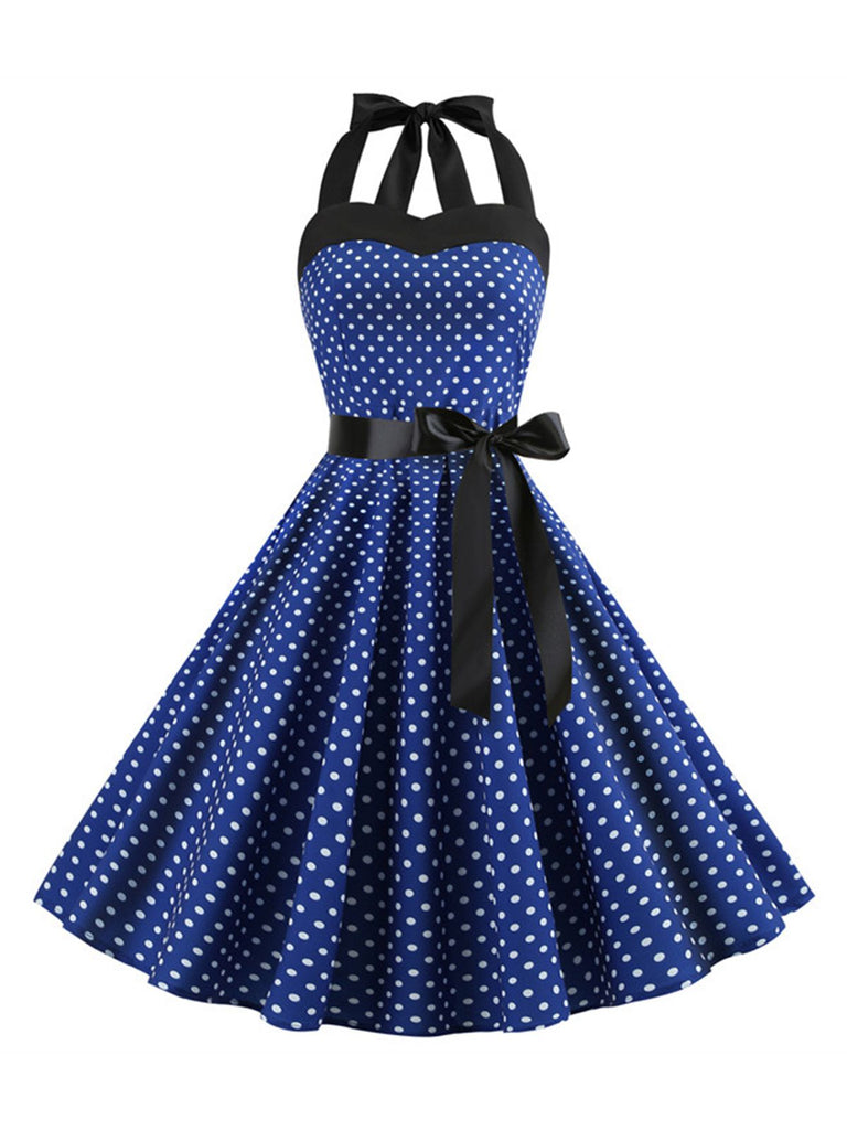 This 1950s Polka Dot Bow Tie Halter Swing Dress wraps her in 1950s elegance, one twirl at a time