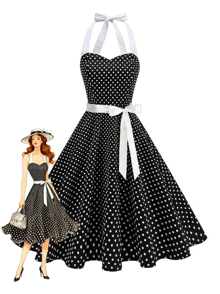 1950s Polka Dot Halter Belted Swing Dress - vintage dress, retro fashion, elegant style for vintage lovers