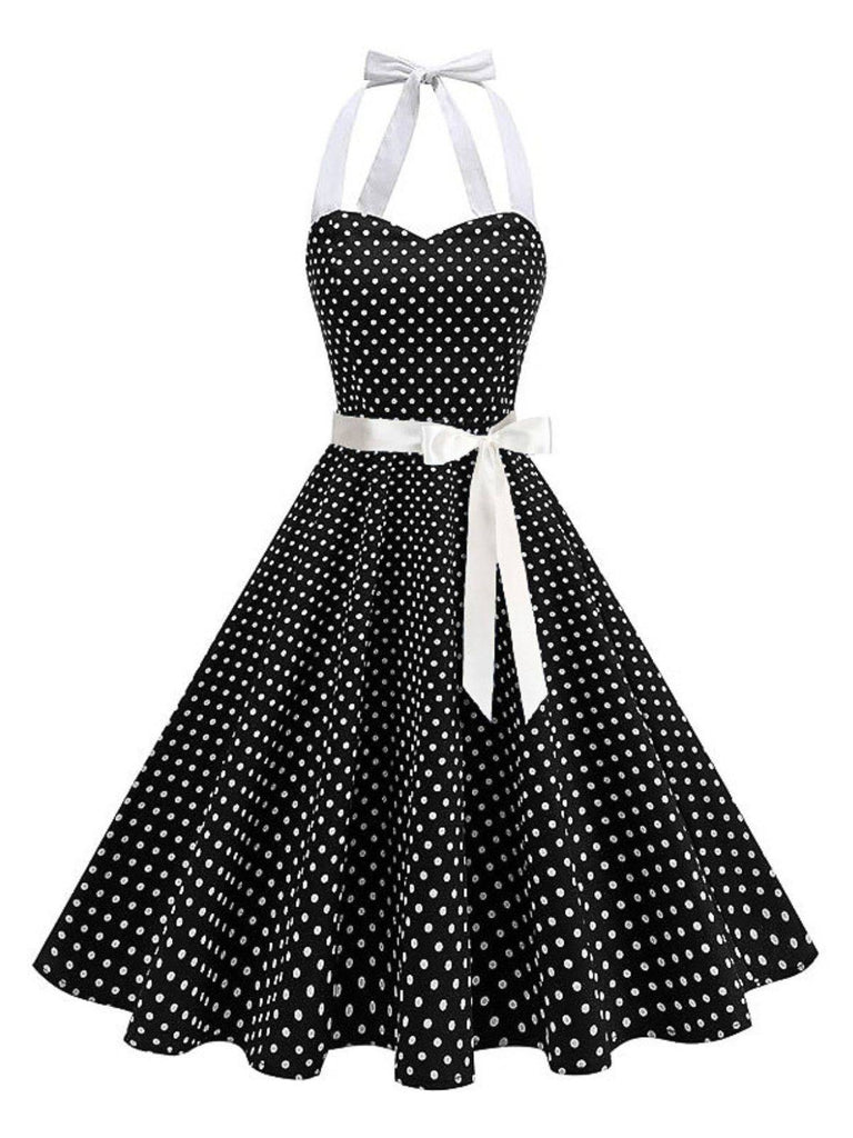 1950s Polka Dot Halter Belted Swing Dress: beautiful vintage dress, retro fashion, elegant style with timeless appeal