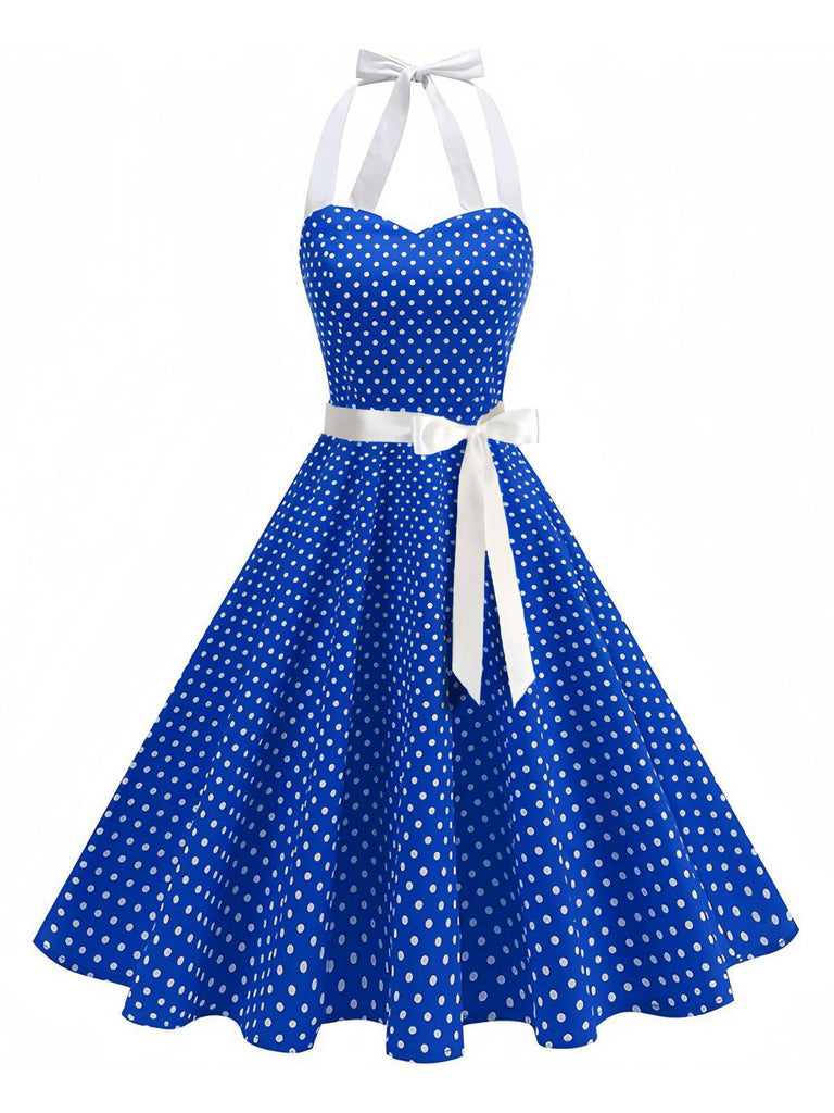 1950s Polka Dot Halter Belted Swing Dress - vintage dress, retro fashion, elegant style for vintage lovers