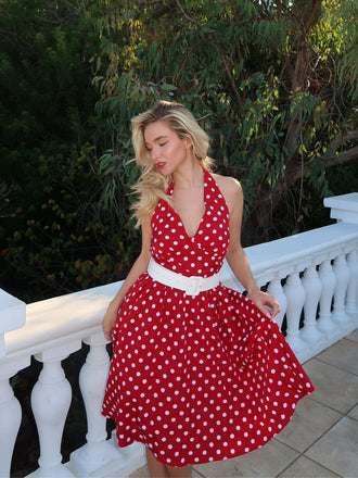 Red 1950s Polka Dot Halter Dress, vintage dress, retro fashion, rockabilly, pin-up fashion - perfect for women who love vintage and retro fashion
