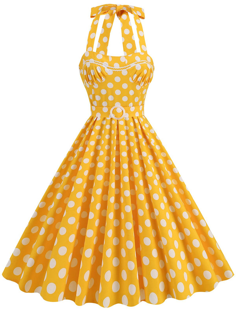 1950s Polka Dot Halter Neck Belt Dress, vintage dress, retro fashion, rockabilly, pin-up fashion - perfect for women who love vintage and retro fashion