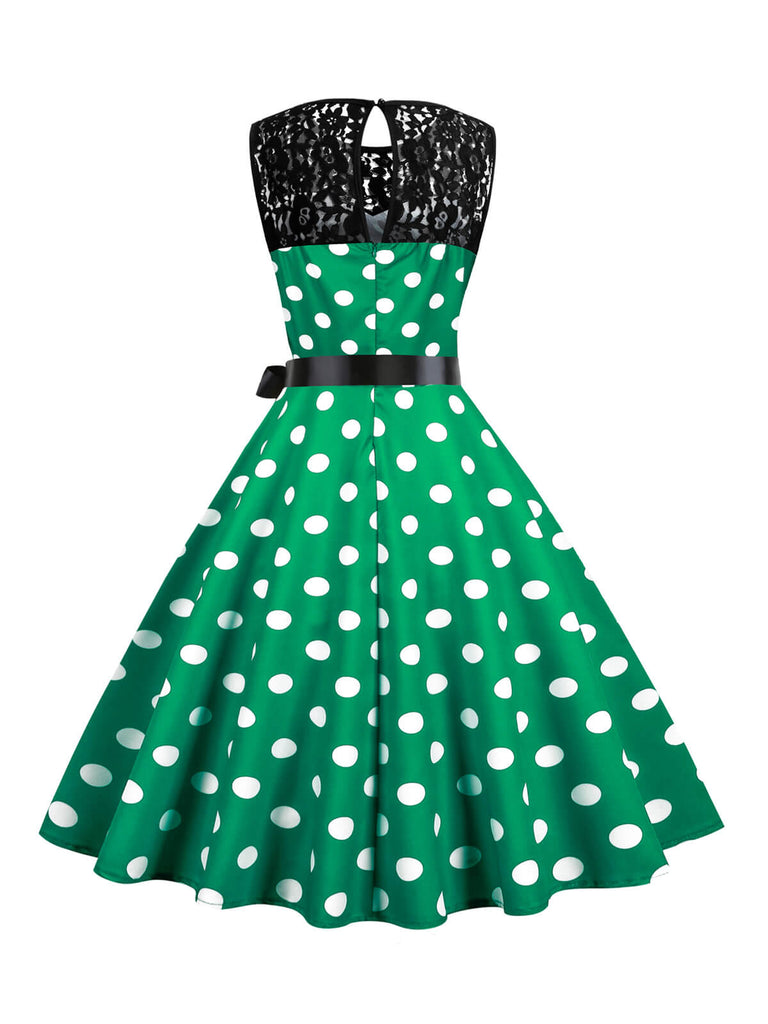 She slips into this 1950s Polka Dot Lace Patchwork Dress and suddenly it's a 1950s daydream