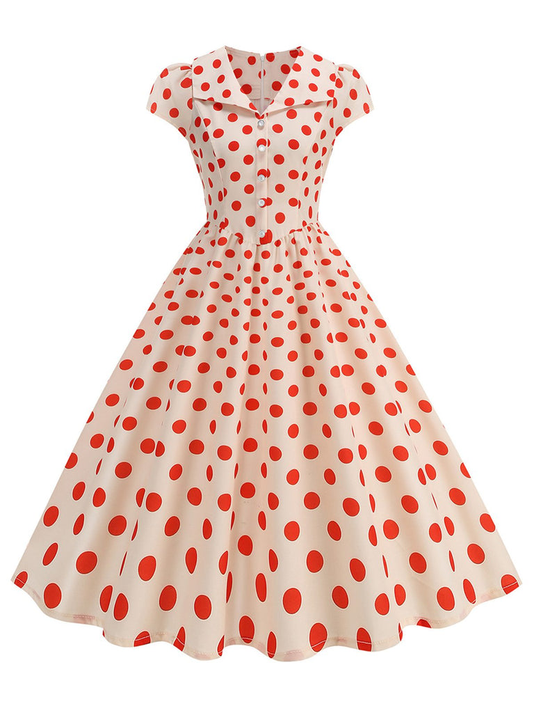 1950s Polka Dot Lapel Collar Cap Sleeve Swing Dress, vintage dress, retro fashion, rockabilly, pin-up fashion - perfect for women who love vintage and retro fashion