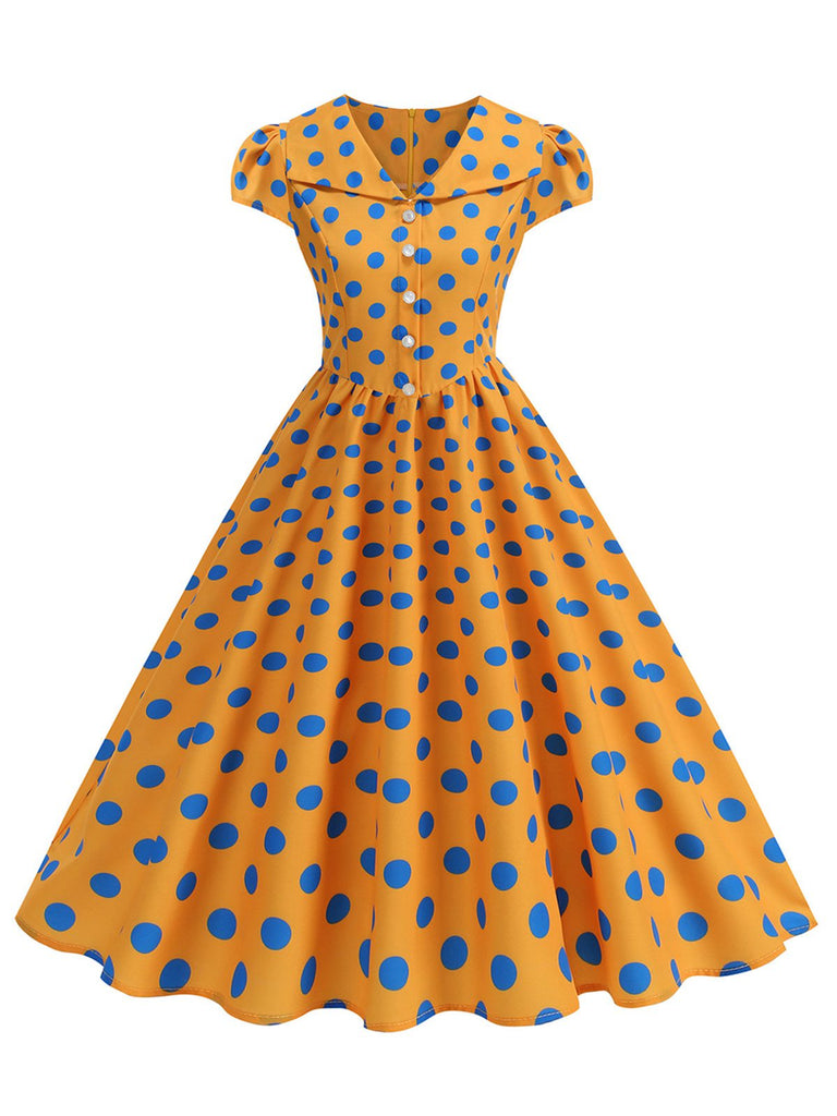 1950s Polka Dot Lapel Collar Cap Sleeve Swing Dress, vintage dress, retro fashion, rockabilly, pin-up fashion - perfect for women who love vintage and retro fashion