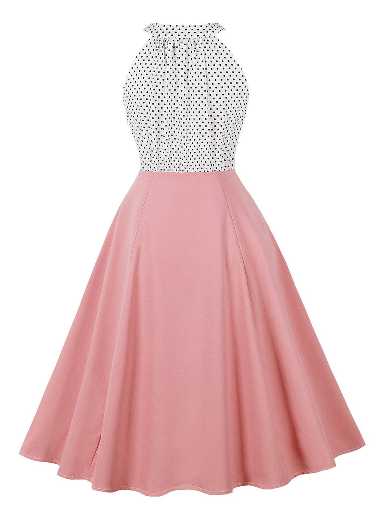 1950s Polka Dot Patchwork Halter Round-Neck Dress - vintage dress, retro fashion, rockabilly