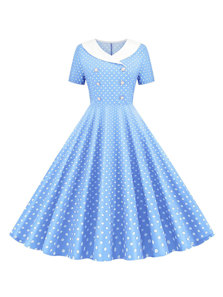 1950s Polka Dot Patchwork Lapel Dress — a 1950s silhouette that turns sidewalks into runways