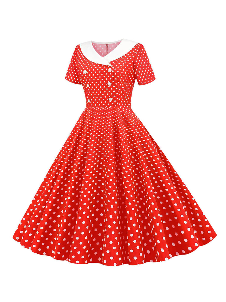 1950s Polka Dot Patchwork Lapel Dress — a 1950s silhouette that turns sidewalks into runways