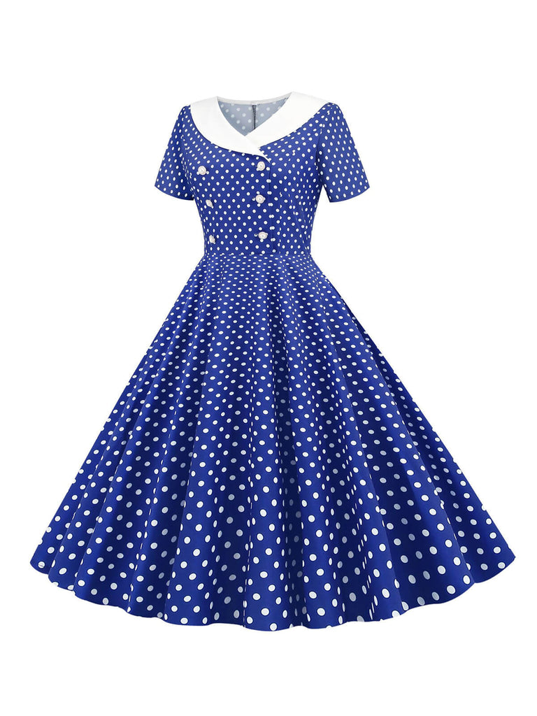This 1950s Polka Dot Patchwork Lapel Dress wraps her in 1950s elegance, one twirl at a time