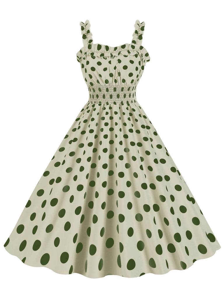 1950s Polka Dot Smocking Strap Dress — a 1950s silhouette that turns sidewalks into runways