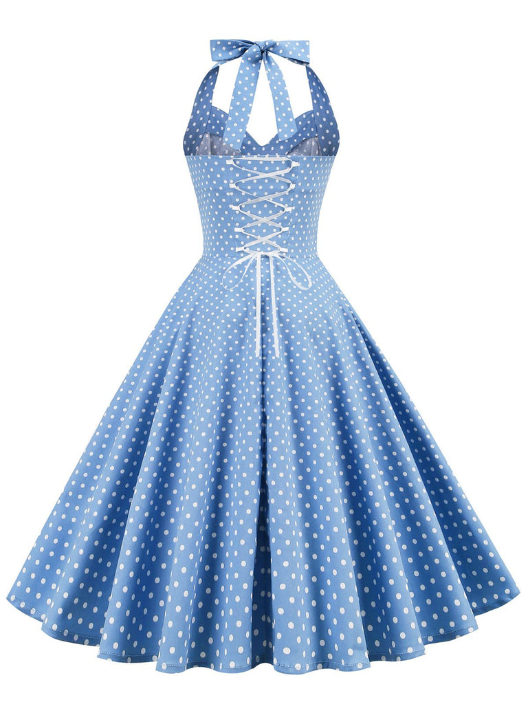 1950s Polka Dots Lace Up Halter Swing Dress — a 1950s silhouette that turns sidewalks into runways