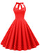 She slips into this 1950s Polka Dots Lace Up Halter Swing Dress and suddenly it's a 1950s daydream