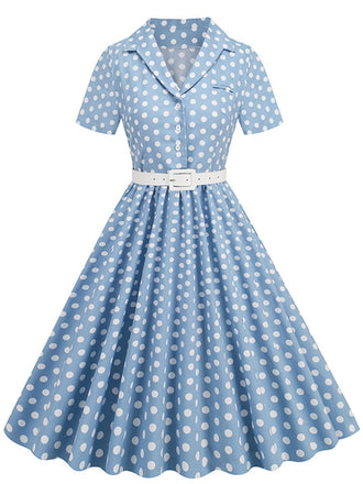 She slips into this 1950s Polka Dots Lapel Belted Dress and suddenly it's a 1950s daydream