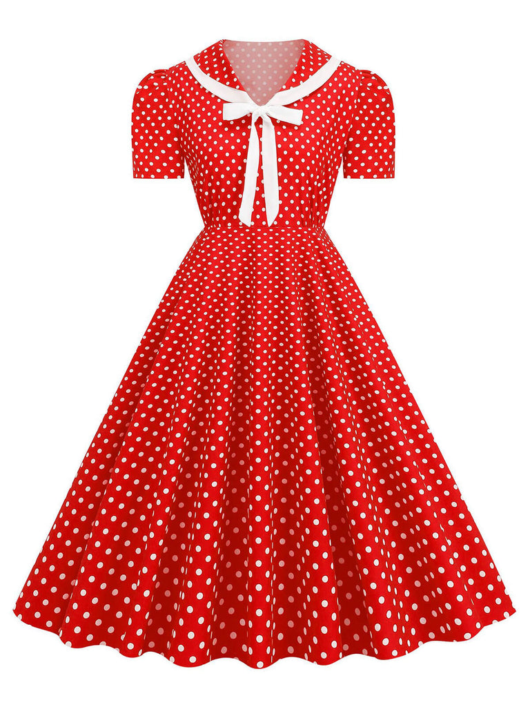 1950s Polka Dots Lapel Bowknot Swing Dress, vintage dress, retro fashion, rockabilly, pin-up fashion - perfect for women who love vintage and retro fashion