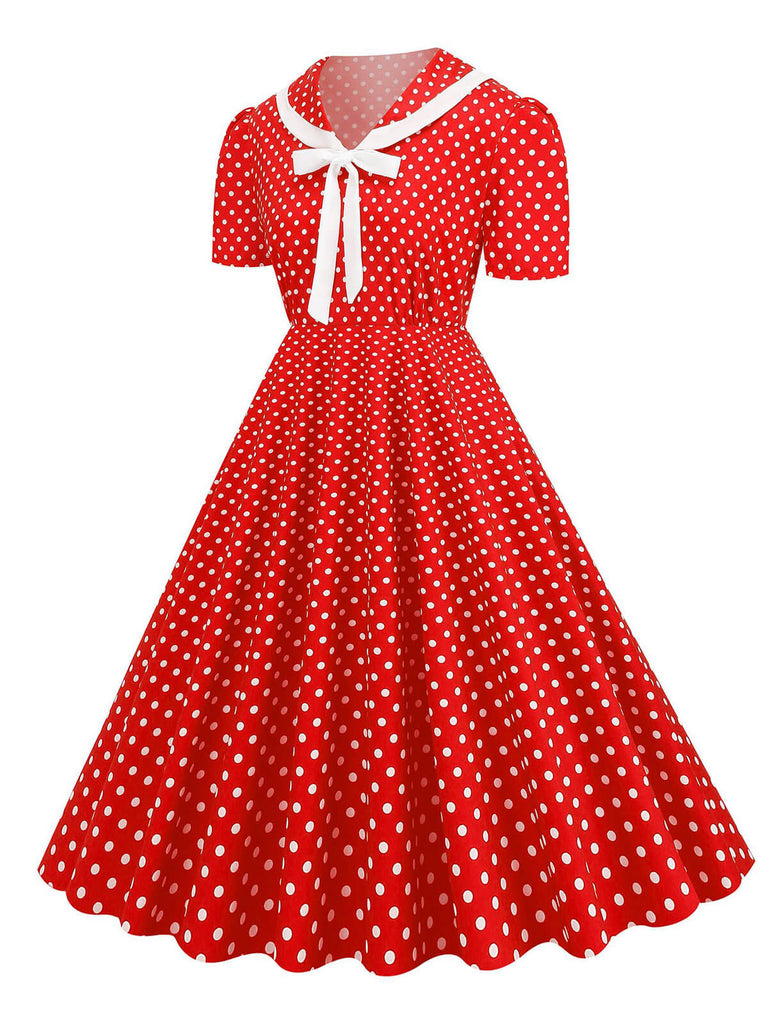 1950s Polka Dots Lapel Bowknot Swing Dress, vintage dress, retro fashion, rockabilly, pin-up fashion - perfect for women who love vintage and retro fashion