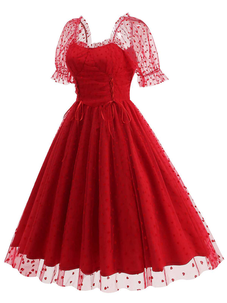 1950s Puff Sleeve Valentine Heart Mesh Dress — a 1950s silhouette that turns sidewalks into runways