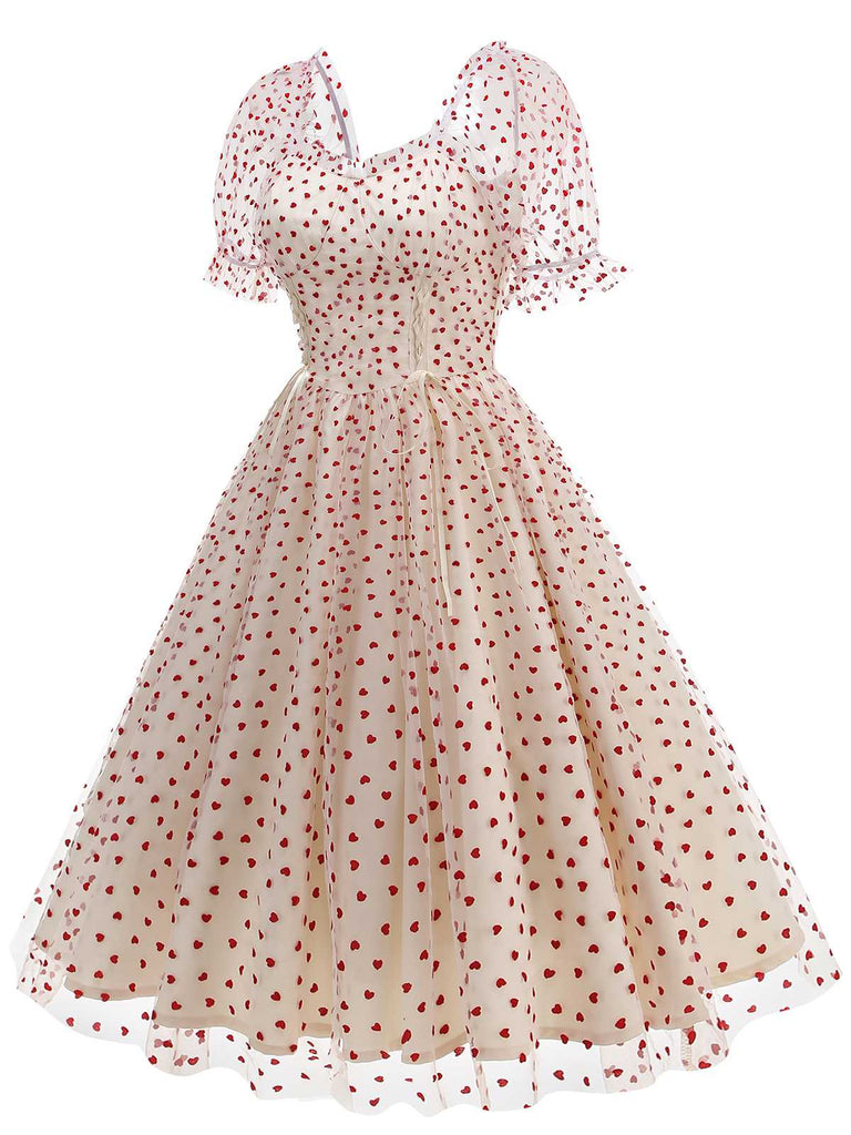 1950s Puff Sleeve Valentine Heart Mesh Dress — the kind of 1950s dress that makes strangers smile