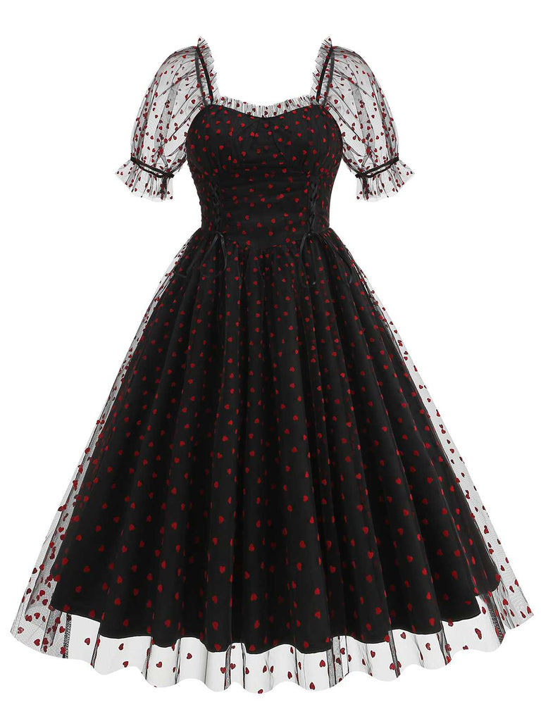 1950s Puff Sleeve Valentine Heart Mesh Dress — a 1950s silhouette that turns sidewalks into runways