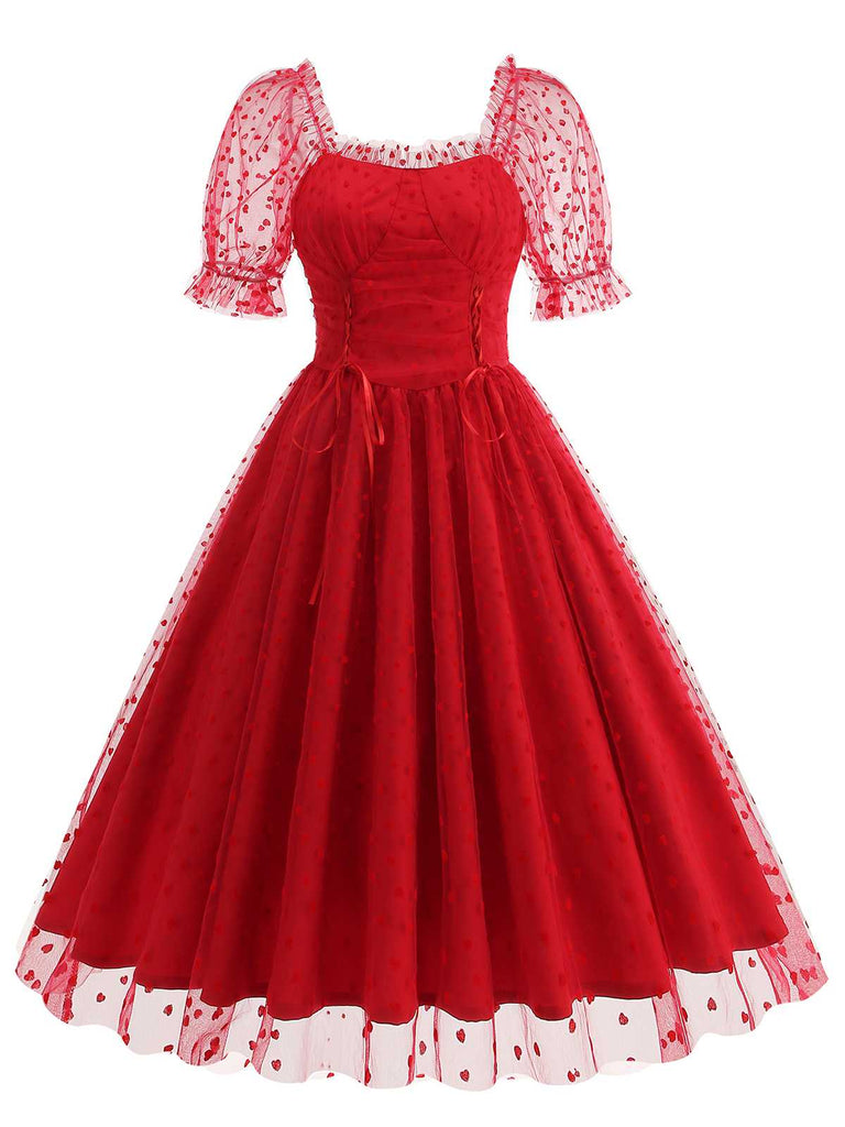 1950s Puff Sleeve Valentine Heart Mesh Dress — the kind of 1950s dress that makes strangers smile