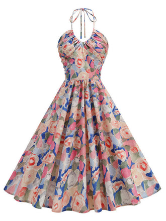 Yellow 1950s Cotton Halter Floral Print Dress, vintage dress, retro fashion, rockabilly, pin-up fashion - perfect for women who love vintage and retro fashion