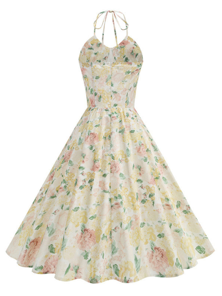 Yellow 1950s Cotton Halter Floral Print Dress, vintage dress, retro fashion, rockabilly, pin-up fashion - perfect for women who love vintage and retro fashion