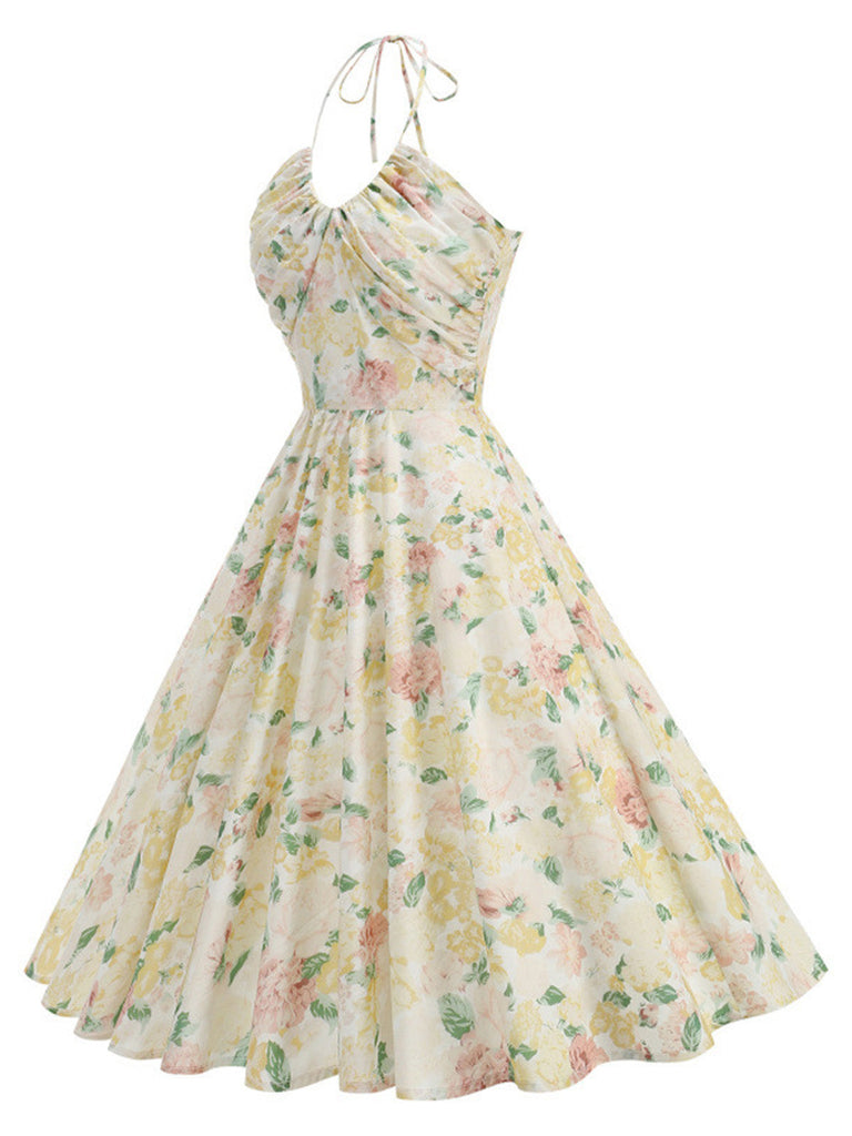 Yellow 1950s Cotton Halter Floral Print Dress, vintage dress, retro fashion, rockabilly, pin-up fashion - perfect for women who love vintage and retro fashion