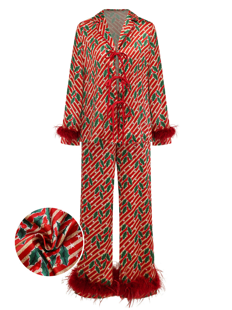 Red 1950s Holly & Candy Cane Stripes Feather Pajama Set - vintage fashion, retro style, elegant red