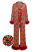 Red 1950s Holly & Candy Cane Stripes Feather Pajama Set - vintage fashion, retro style, elegant red