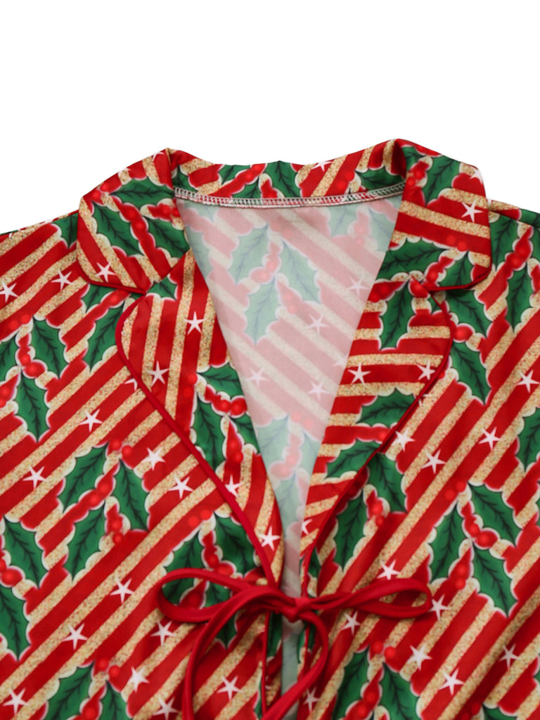 Red 1950s Holly & Candy Cane Stripes Feather Pajama Set - vintage fashion, retro style, elegant red