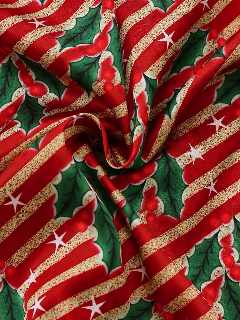 Red 1950s Holly & Candy Cane Stripes Feather Pajama Set - vintage fashion, retro style, elegant red