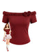 Red 1950s Off-Shoulder Double Layer Ruffled Rose Knit Top - vintage fashion, retro style, elegant red